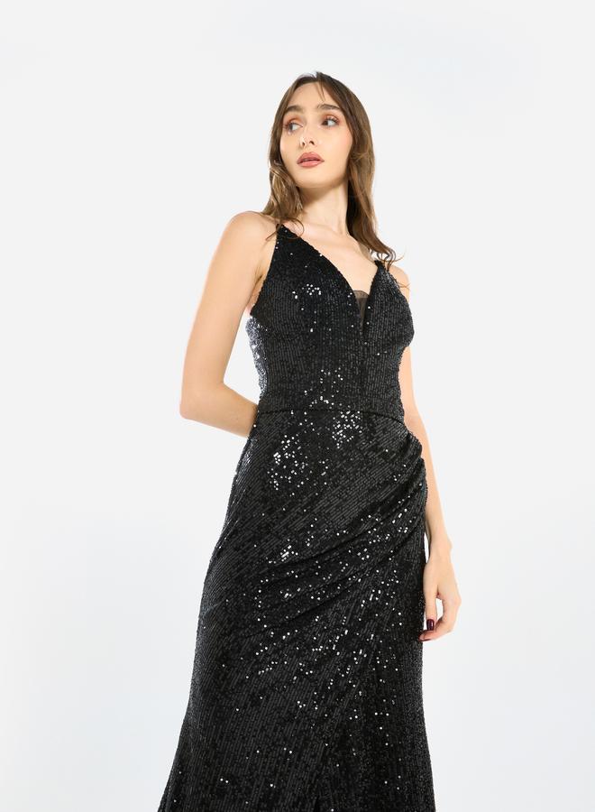 House of Moda Women Sequin Strappy Drape Maxi Dress - Image 3